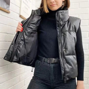 Colete Elegância Puffer de Couro Sem Manga Feminino