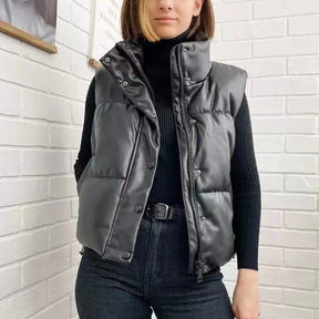 Colete Elegância Puffer de Couro Sem Manga Feminino