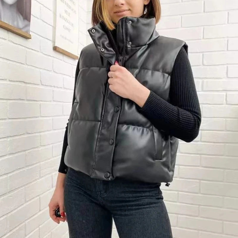 Colete Elegância Puffer de Couro Sem Manga Feminino