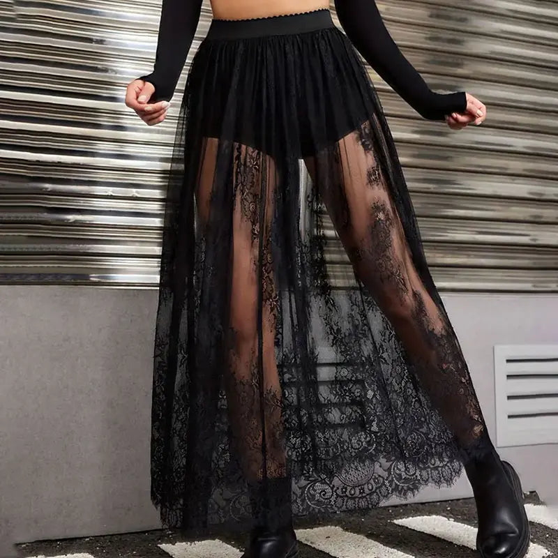 Saia Tule Semi-Transparente Elegante com Renda